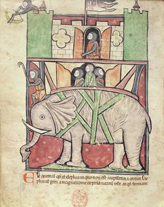 Ms 22 f.26v Słoń niosący howdah pełen żołnierzy, z Bestiariusza Opactwa Westminsterskiego, ok. 1270-90 autorstwa English School